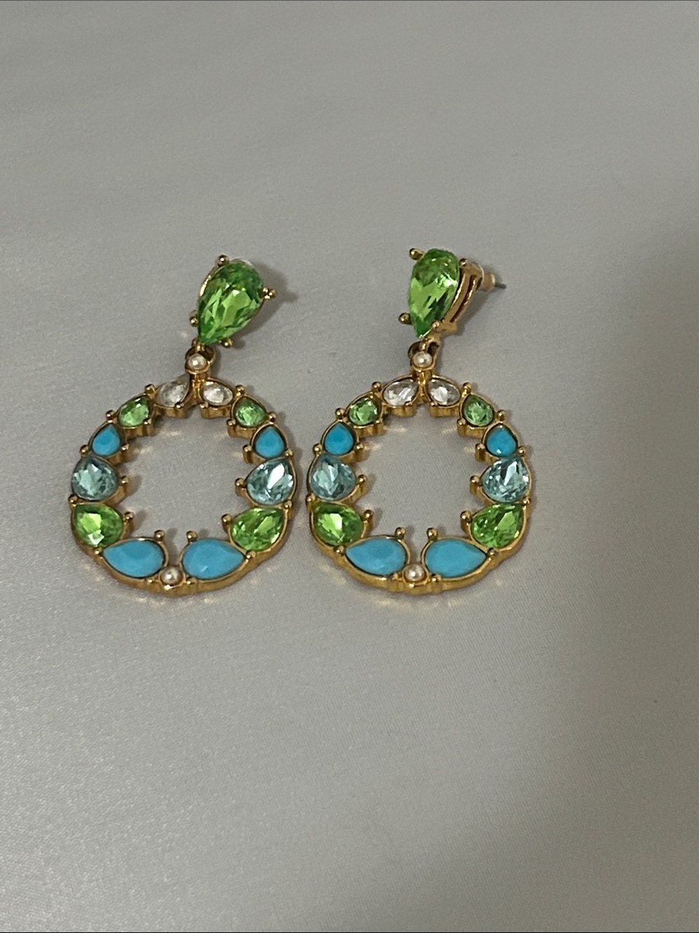 Gold-Tone Turquoise & Green Crystal Hoop Drop Earrings Costume Jewelry
